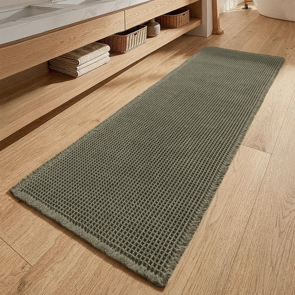 Waffle Bathroom Runner Rug Super Absorbent Non Slip Quick Dry Washable Boho Long Bath Mat with Tassels 24"x72" Green