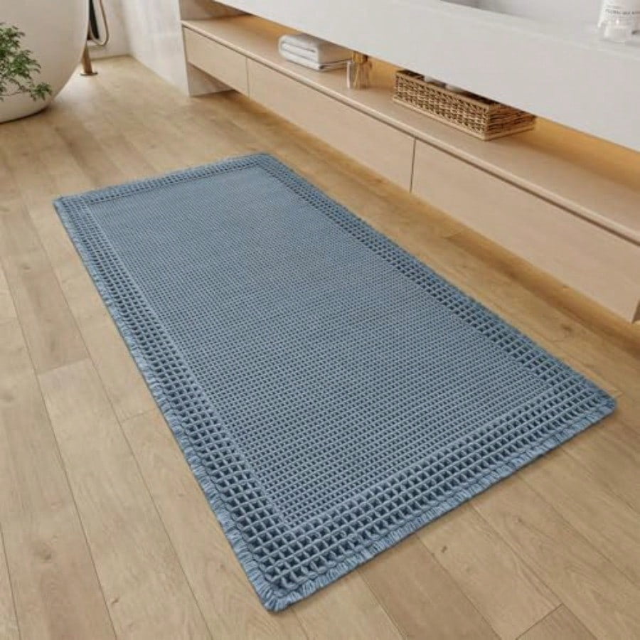 Waffle Bathroom Runner Rugs Er Absorbent Bath Mat Non Slip Washable Quick Dry Upgraded Ultra Soft Boho Bath Rugs With Tassels For Hallway Bedroom Laundry Room 2'x4' 24"X48" Blue