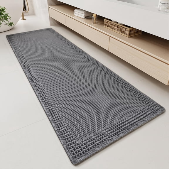 Waffle Bathroom Runner Rugs, Super Absorbent Bath Mat Non Slip Washable Quick Dry, Upgraded Ultra Soft Boho Bath Rugs with Tassels, Farmhouse Home Decor Accessories, 2'x6'(24"x72") Dark Grey