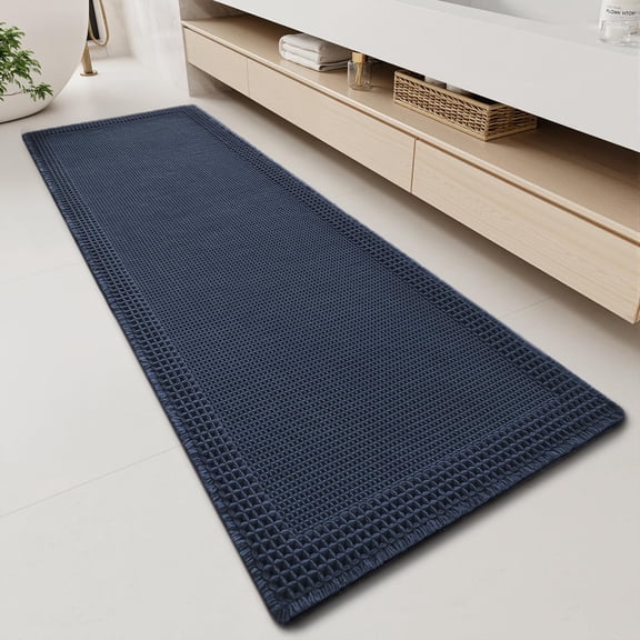 Waffle Bathroom Runner Rugs, Super Absorbent Bath Mat Non Slip Washable Quick Dry, Upgraded Ultra Soft Boho Bath Rugs with Tassels, Farmhouse Home Decor Accessories, 2'x6'(24"x72") Navy
