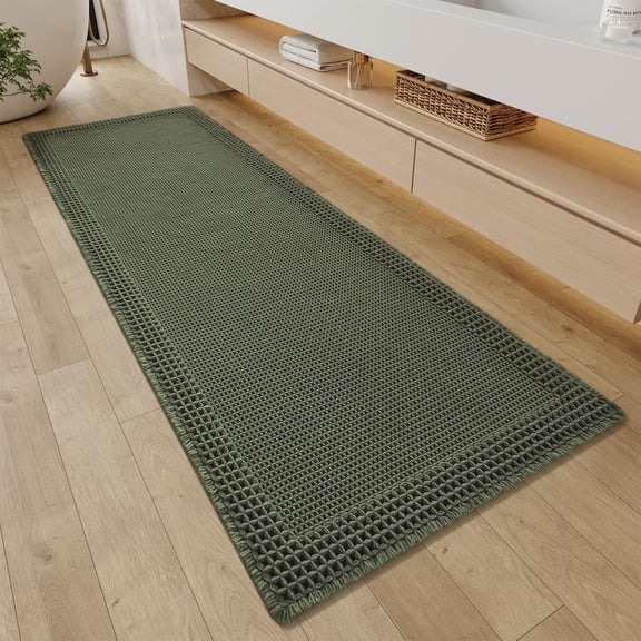 Waffle Bathroom Runner Rugs, Super Absorbent Bath Mat Non Slip Washable Quick Dry, Upgraded Ultra Soft Boho Bath Rugs with Tassels, Farmhouse Home Decor Accessories, 2'x6'(24"x72") Green