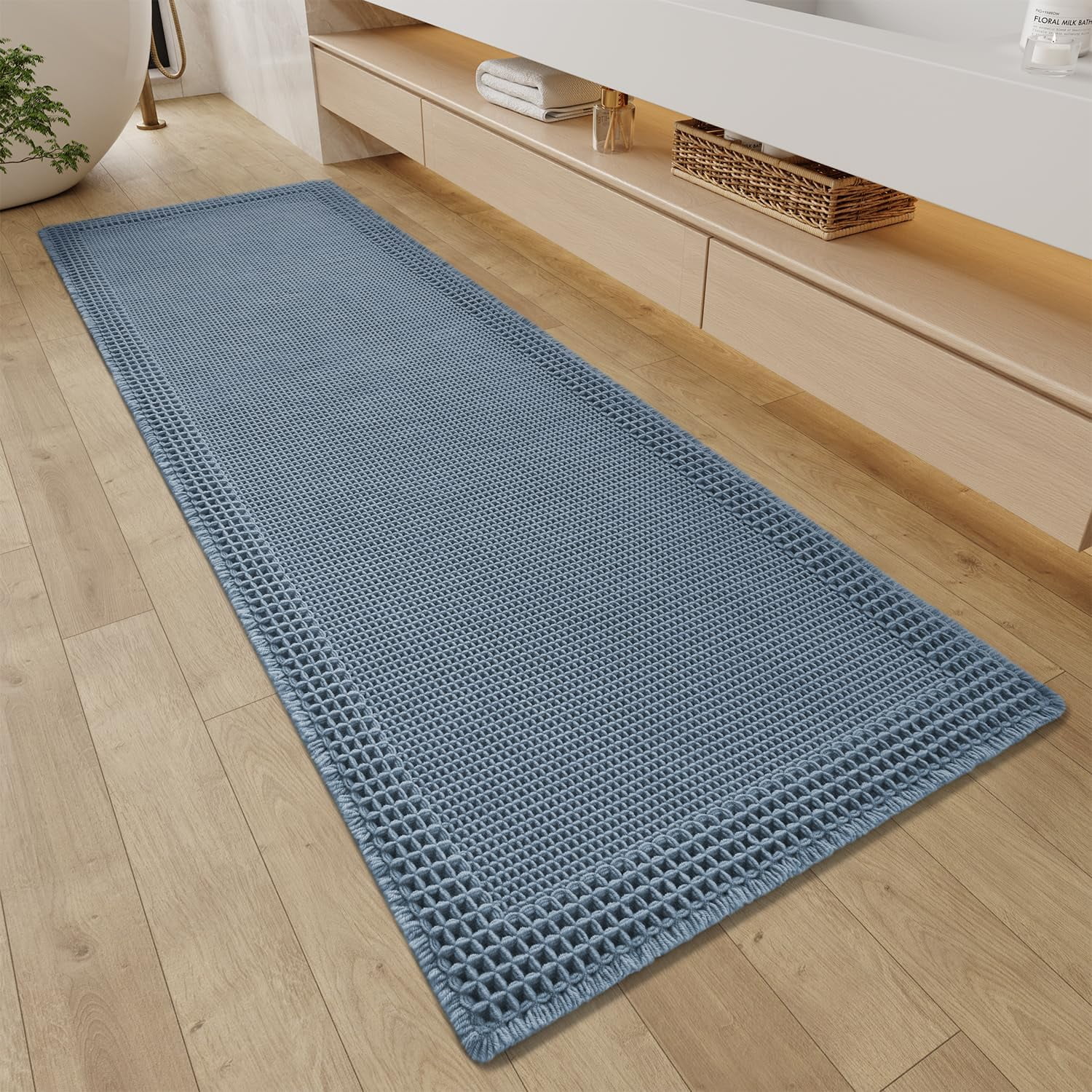Waffle Bathroom Runner Rugs, Super Absorbent Bath Mat Non Slip Washable Quick Dry, Upgraded Ultra Soft Boho Bath Rugs with Tassels, Farmhouse Home Decor Accessories, 2'x5'(24"x60") Blue
