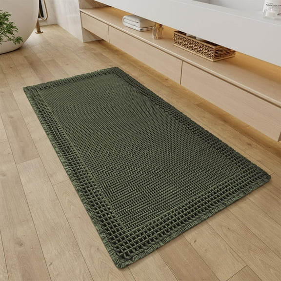 Waffle Bathroom Runner Rugs, Super Absorbent Bath Mat Non Slip Washable Quick Dry, Upgraded Ultra Soft Boho Bath Rugs with Tassels for Hallway Bedroom Laundry Room, 2'x4'(24"x48"), Green