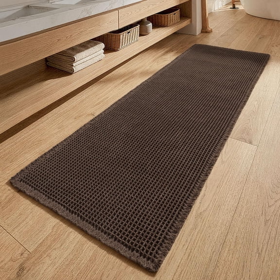 Waffle Bathroom Runner Rugs, Super Absorbent Non Slip Bath Rug, Upgraded Soft Quick Dry Washable Boho Large Bath Mat with Tassels for Hallway Laundry Room Bedroom, 2'x5' (24"x60"), Chocolate