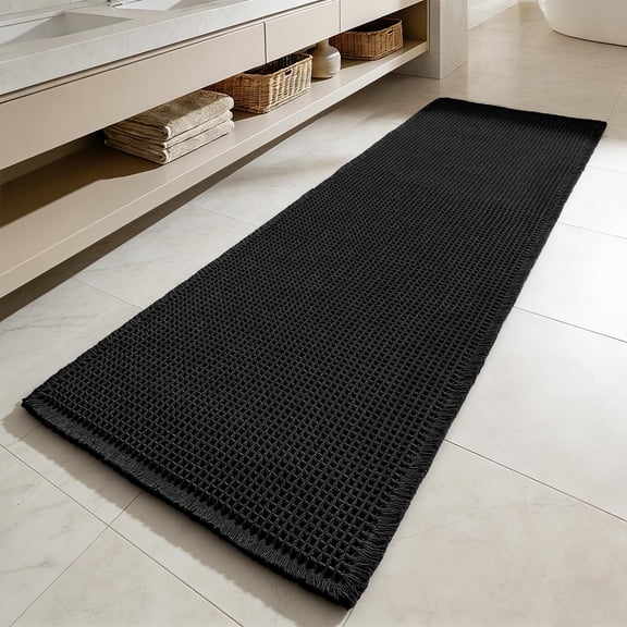 Waffle Bathroom Runner Rugs, Super Absorbent Non Slip Bath Rug, Upgraded Soft Quick Dry Washable Boho Long Bath Mat with Tassels for Hallway Laundry Room Bedroom, 2'x6' (24"x72"), Brown