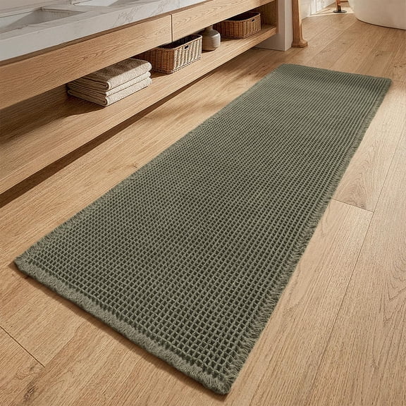 Waffle Bathroom Runner Rugs, Super Absorbent Non Slip Bath Rug, Upgraded Soft Quick Dry Washable Boho Long Bath Mat with Tassels for Hallway Laundry Room Bedroom, 2'x6' (24"x72"), Brown