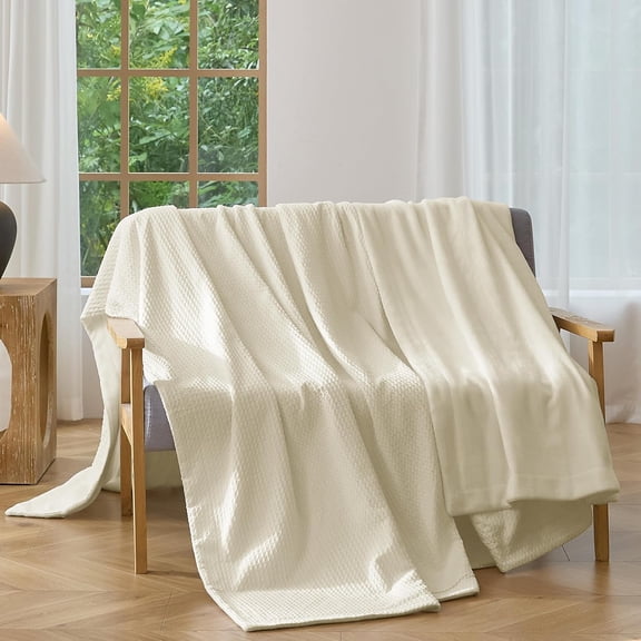 Waffle Blanket Throw Size - Plush Milk  & Reversible Waffle Weave,Anti-Static 500Gsm Design,Thick Cozy Soft Winter Blanket for Bed, Couch, Sofa - Beige, 50x70