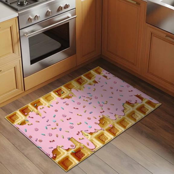 Waffle Candy 2x3 Rug for Entryway Front Door Kitchen Sink Area, Country Farmhouse Gold Waffle Texture Pink Candy Low Pile Washable Non Slip Rectangle Area Rug