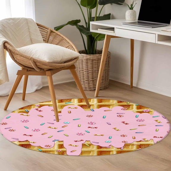 Waffle Candy 3.3ft Round Rug for Bedroom Reading Corner, Country Farmhouse Gold Waffle Texture Pink Candy Washable Non Slip Circle Area Rug