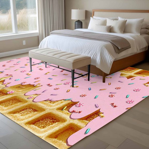 Waffle Candy 6x9 Rug for Dining Room Table and Chair Setup, Country Farmhouse Gold Waffle Texture Pink Candy Low Pile Washable Non Slip Rectangle Area Rug