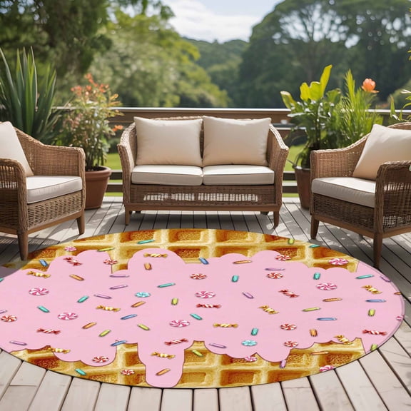 Waffle Candy 8ft Round Rug for Open Concept Living Room Seating Zone, Country Farmhouse Gold Waffle Texture Pink Candy Washable Non Slip Large Circle Area Rug