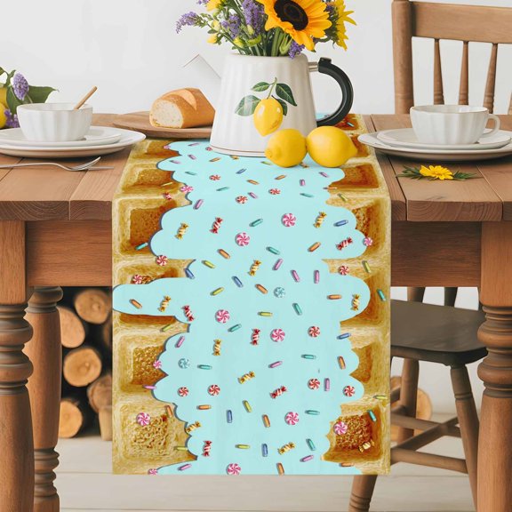 Waffle Candy Table Runner 13x36 Inch Country Farmhouse Gold Waffle Texture Blue Candy Cotton Linen Dining Table Runner Ideal for Dresser Kitchen Coffee Tables - Machine Washable