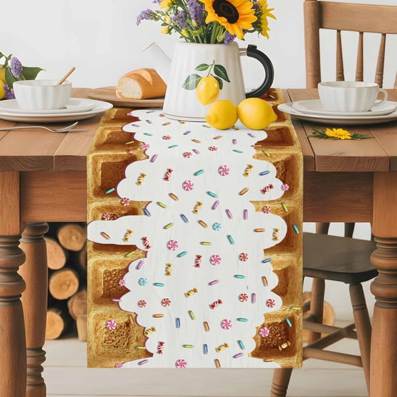 Waffle Candy Table Runner 13x36 Inch Country Farmhouse Gold Waffle Texture Colorful Candy Cotton Linen Dining Table Runner Ideal for Dresser Kitchen Coffee Tables - Machine Washable