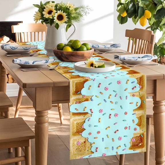 Waffle Candy Table Runner, Country Farmhouse Gold Waffle Texture Blue Candy Washable Kitchen Table Runners Dress Scarves for Dining Table Decorations Party/Restaurant/Indoor Outdoor Use, 13x36in