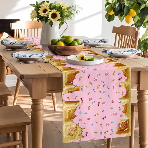 Waffle Candy Table Runner, Country Farmhouse Gold Waffle Texture Pink Candy Washable Kitchen Table Runners Dress Scarves for Dining Table Decorations Party/Restaurant/Indoor Outdoor Use, 13x36in
