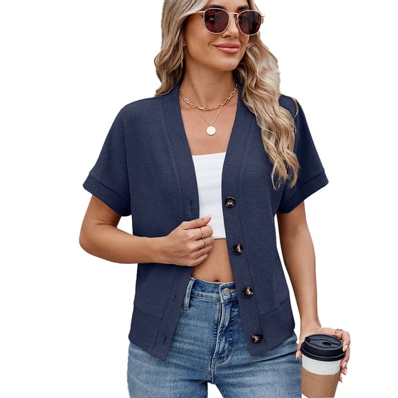 New Waffle Casual V-neck Cardigan Knitted Blouses Women's Tops Fashion Button Short-sleeved Loose T-shirt Top