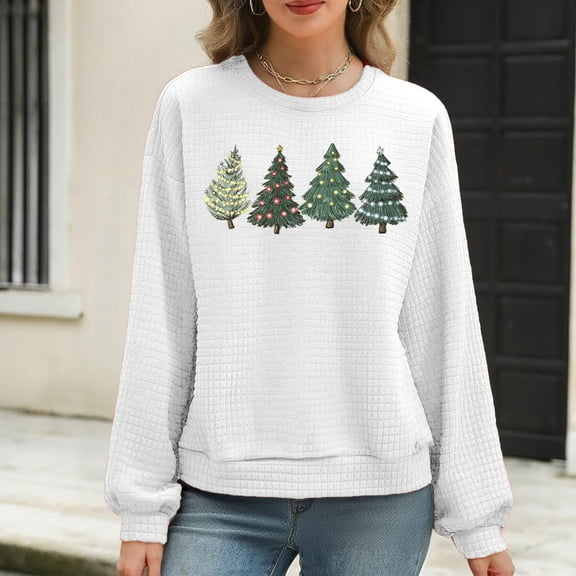 Waffle Christmas Sweatshirt Womens Christmas Tree Printed Crewneck Sweaters Pullove Loose Casual Shirts Holiday Long Sleeve Tops Xmas Gifts