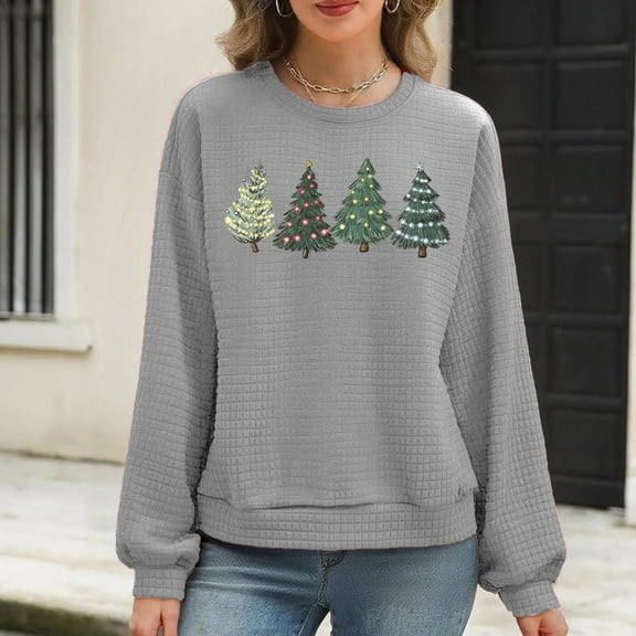Waffle Christmas Sweatshirt Womens Christmas Tree Printed Crewneck Sweaters Pullove Loose Casual Shirts Holiday Long Sleeve Tops Xmas Gifts