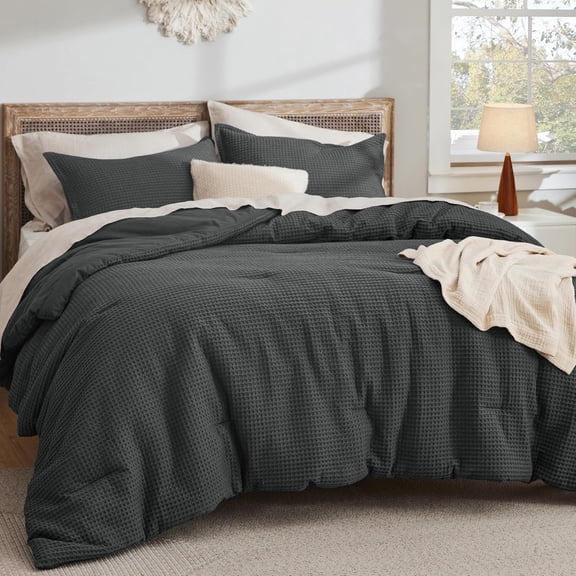 Waffle Comforter Set Queen, Charcoal Soft Bedding, Waffle Weave Bed Set, 3 Pieces, 1 Comforter (90"x90") and 2 Pillow Shams, Cotton Shell and Polyester Lining for All Seasons