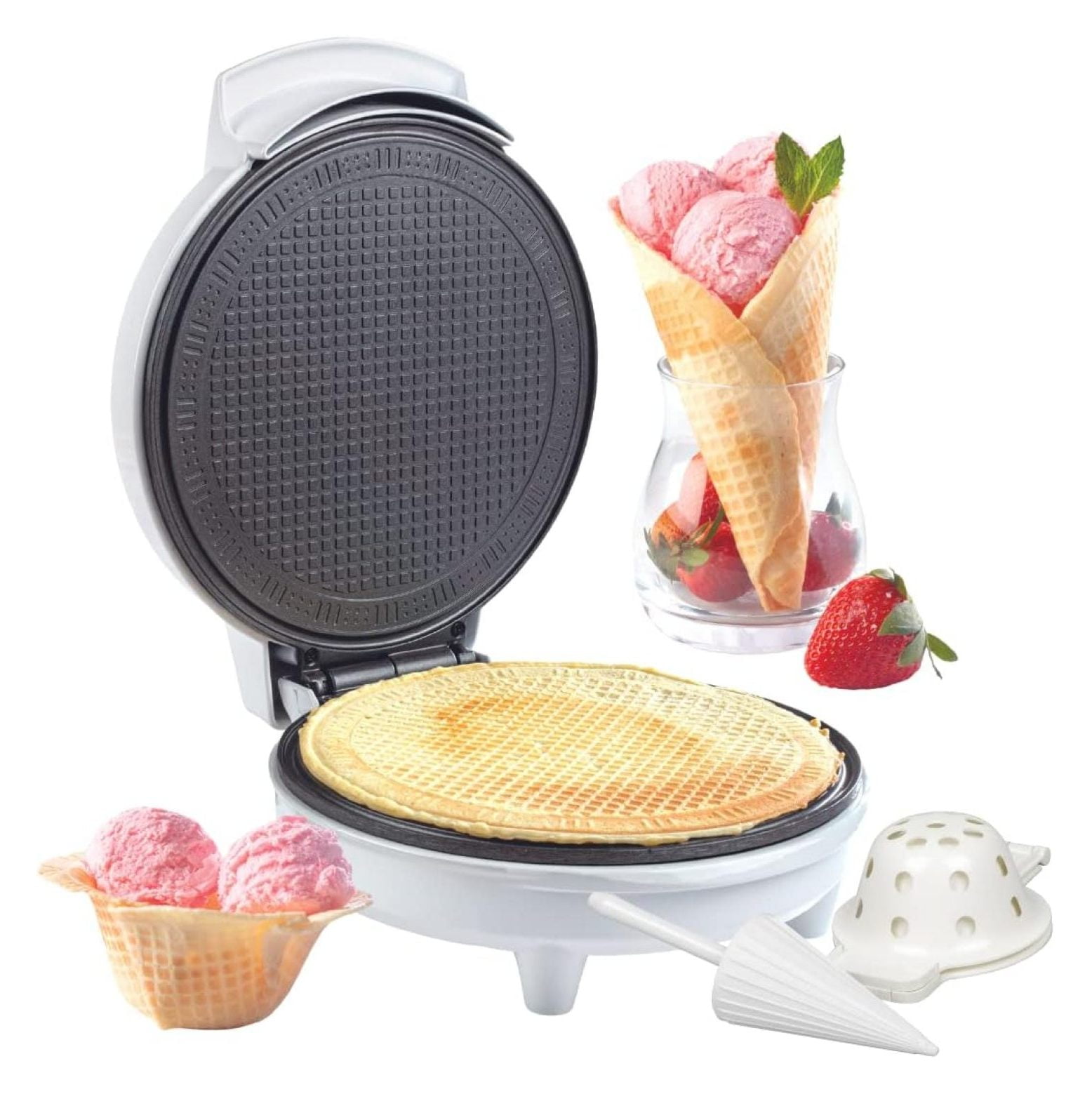 Waffle Cone and Bowl Maker for Homemade Ice Cream Cones - Includes Shaper & Bowl Press - Electric Nonstick Waffler Iron Machine, Holiday Dessert Fun, Unique Birthday Gift Treat for Kids, Adults