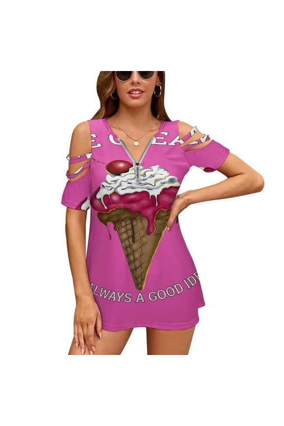 Waffle Cone Ice Cream Is Always A Good Idea Womens Summer V Neck Zipper Top Short Sleeve T Shirt Off Shoulder Top Casual Classy Loose Shirts