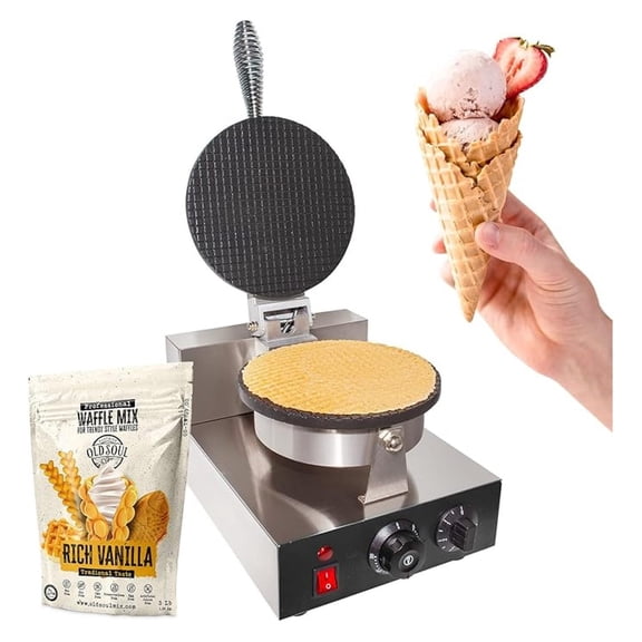 Waffle Cone Maker | Stainless Steel Waffle Iron | Nonstick Single Cone Machine | 110V | Homemade Ice Cream Cones | Kitchen Appliance