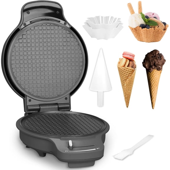 Waffle Cone and Bowl Maker with Browning Control, 7.5 Inch, Nonstick, Includes Cone Roller and Bowl Press, Graphite Bestseling