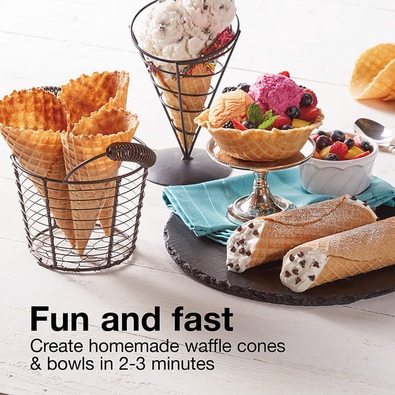 Waffle Cone and Ice Cream Bowl Maker with Browning Control, Shaper Roller and Cup Press, 7.5 PFAS-Free Nonstick Plates, White (26410MN)