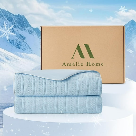 Waffle Cooling Comforter King Size, Q-Max 0.45 Reversible Lightweight Cooling Blanket for Hot Sleepers, Breathable Bedding for Night Sweats, 106"x90", Sky Blue