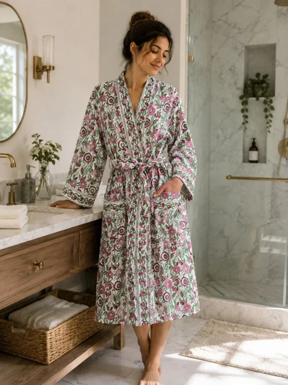 Waffle Cotton Floral Handblock Printed Unisex Bathrobe