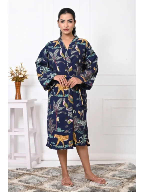 Waffle Cotton Jungle Motifs Handblock Printed Unisex Bathrobe