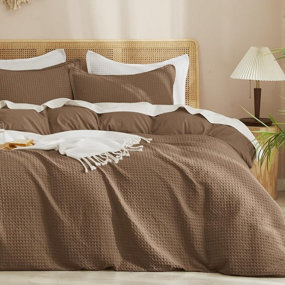 Waffle Duvet Cover Set Queen Size 3 Piece with 2 Pillow Shams 90 x 90 Inches Mocha