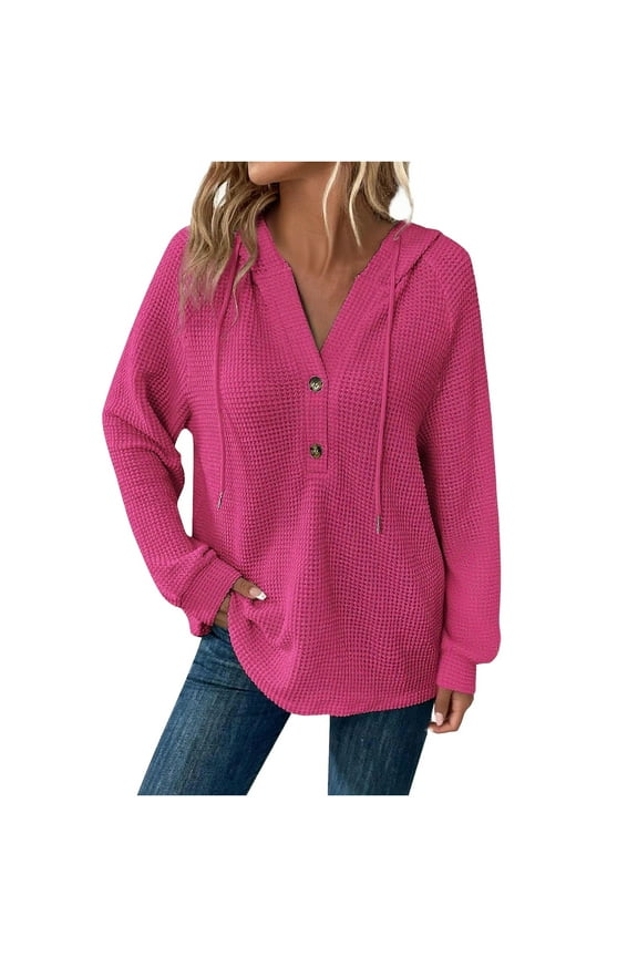 Waffle Fabric Hoodies for Womens V Neck Buttoon Down Pullover Sweater Blouses Drawstring Adjustable Lounge Warm Sweater Blouse Solid Basic Long Sleeve Fleece Hoodies