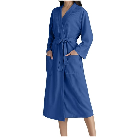 Waffle Fabric Long Bathrobe for Women's Plush Soft Long Sleeve Spa Robe Relaxed Fit Athletic Stretch Kimono Robe Fleece Loungewear Drawstring Adjustable Nightdress with Double Pockets