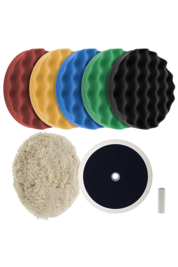 Waffle Foam & Wool Buffing & Polishing Pad Kit w/ 6 - 8" Pads Grip Backing Plate