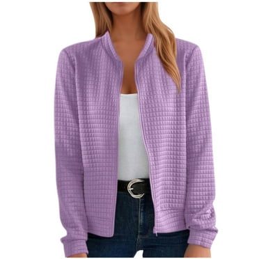 Waffle Full Zip Jackets Long Sleeve Casual Zippered Bomber Jackets for Women Fall Fashion Solid Color Short Coats (XL, Purple)