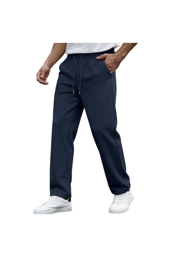Waffle Grid Drawstring Elastic Waist Straight Sport Pants for men, Solid Lightweight Daily Leisure Trousers