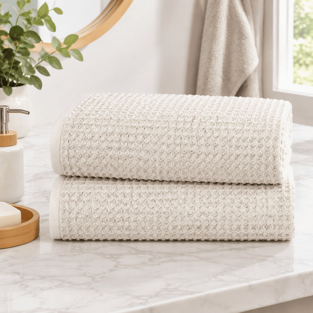 Waffle Hand Towels 2-Piece (Mist White) – Cotton, Quick Dry, Lint Free ...