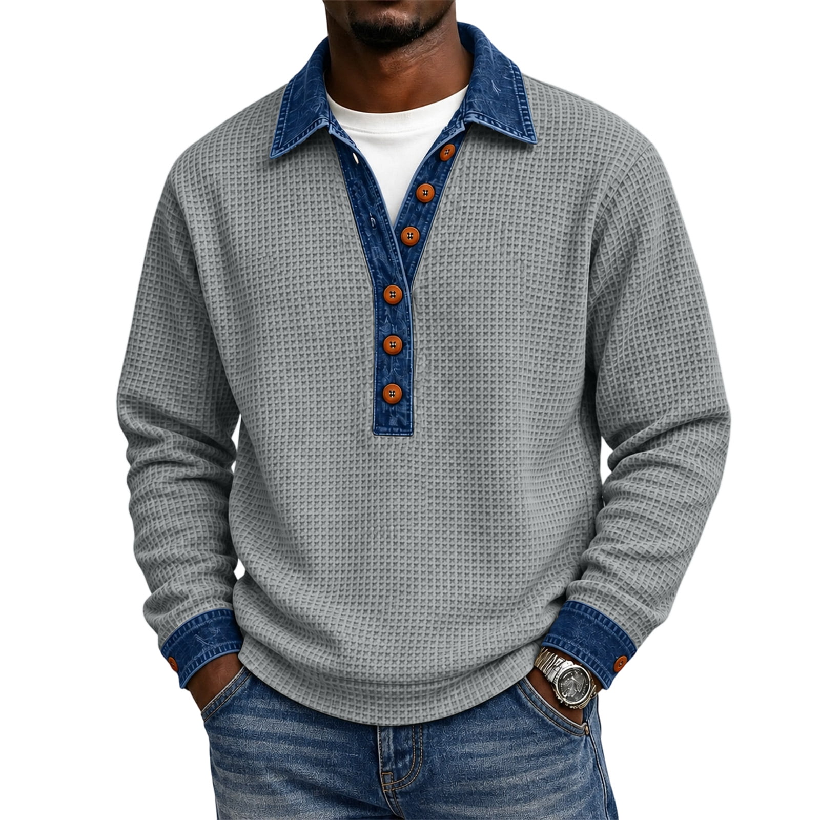 Waffle Henley Shirt for Men Long Sleeve Button Front Contrast Trim ...