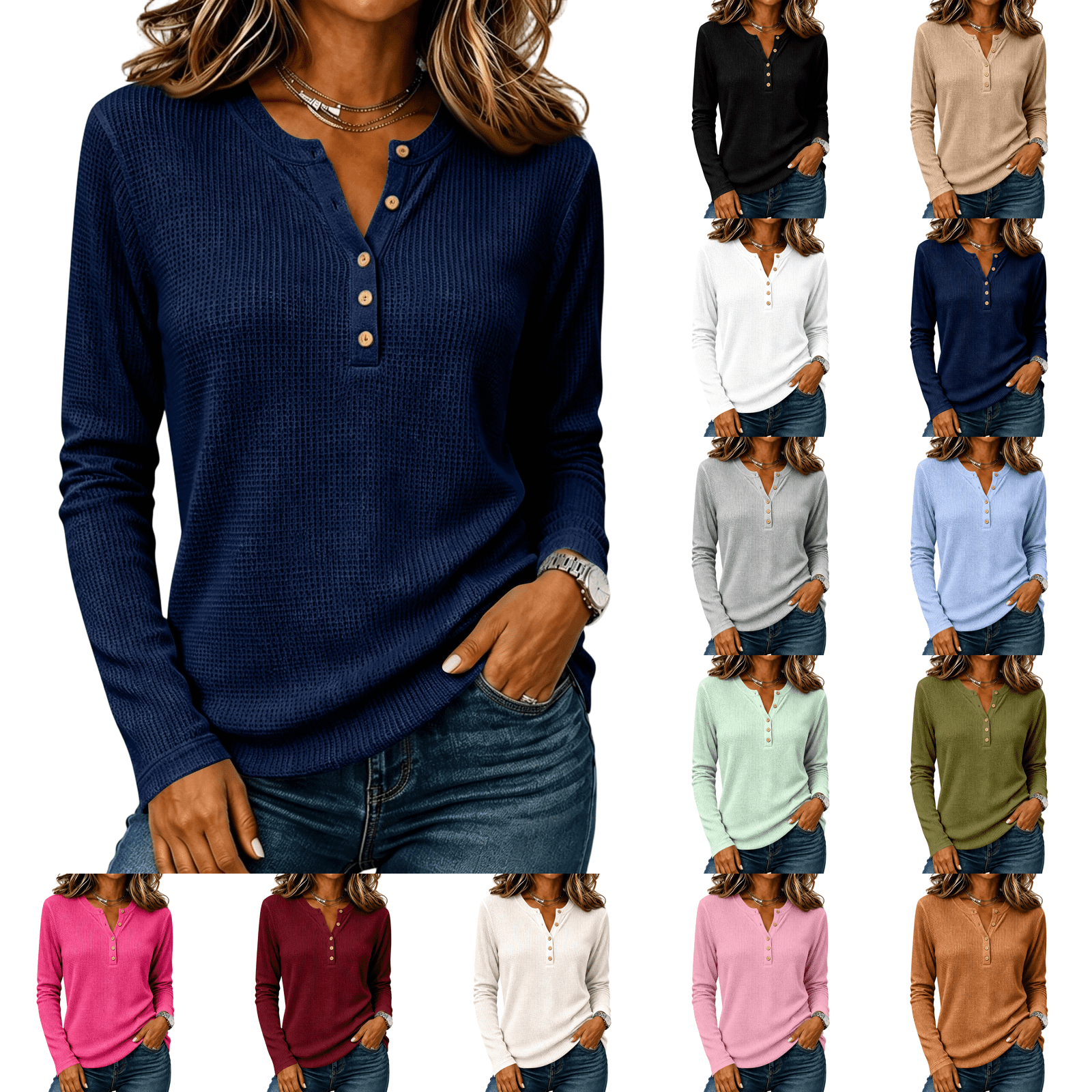 Waffle Henley Shirts for Women Partial Button V Notch Blouses Solid ...