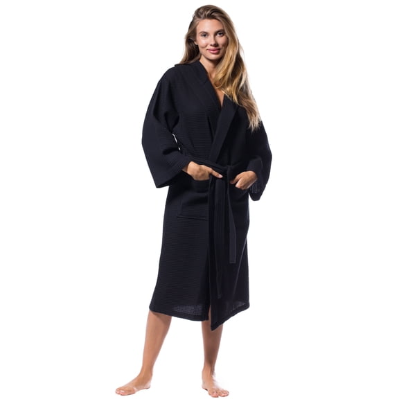 Waffle Hooded Long Robe Square Pattern Black