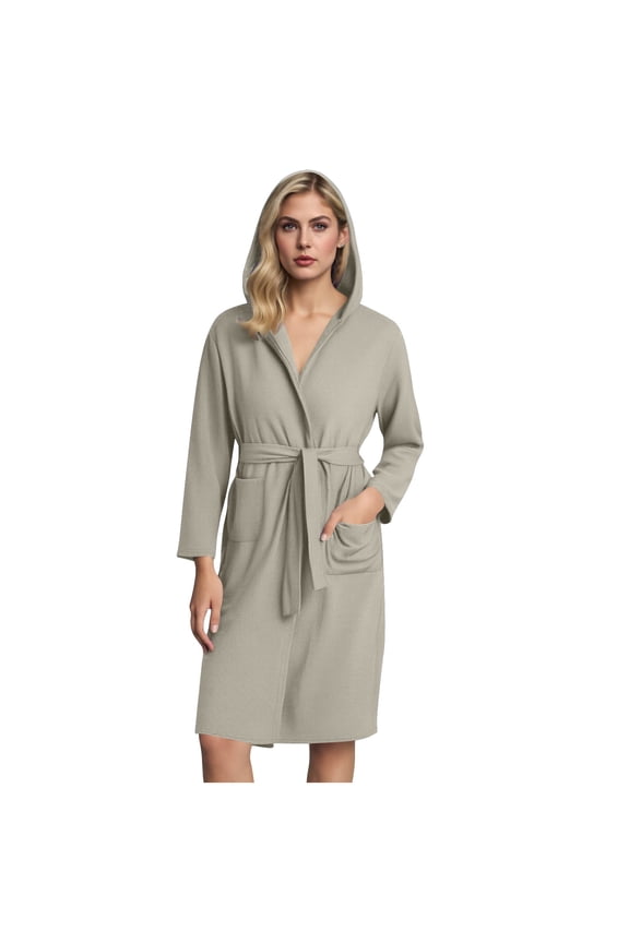 Waffle Hooded Robes for Women Long Sleeve Short Bathrobes Lightweight Belted House Coat Soft Sleepwear with Pockets Loungewear