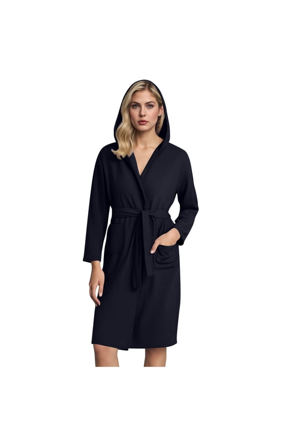 Waffle Hooded Robes for Women Long Sleeve Short Bathrobes Lightweight Belted House Coat Soft Sleepwear with Pockets Loungewear