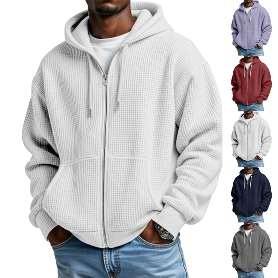 Waffle Hoodie Men Full Zip Sweatshirt Hooded Cardigan with Pocket Loose Fit Drawstring Athletic Jackets White 4XL
