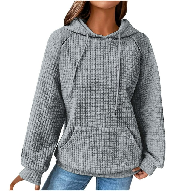 Waffle Hoodie Women Basic Solid Color Casual Drawstring Pullover ...