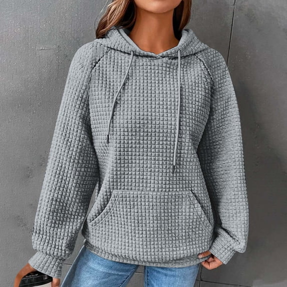 Waffle Hoodie Women Solid Color Casual Drawstring Pullover Sweatshirts Basic Long Sleeve Sweatshirt with Pockets Fall Hooded Tops 2024