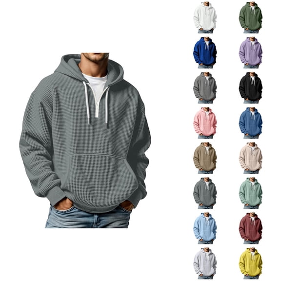 Waffle Hoodie for Men 2025 Fall Winter Long Sleeve Quarter Zip Plain Hooded Sweatshirt with Pockets Pullover Tops