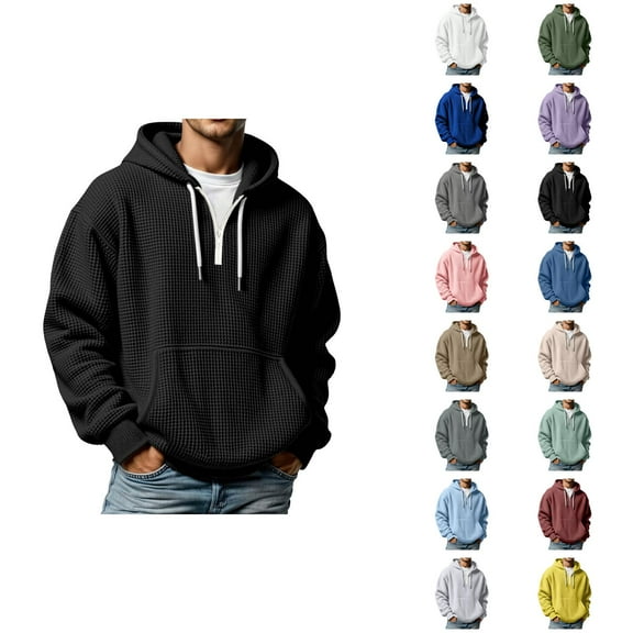 Waffle Hoodie for Men 2025 Fall Winter Long Sleeve Quarter Zip Plain Hooded Sweatshirt with Pockets Pullover Tops