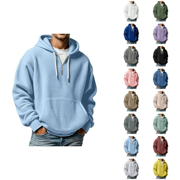 Waffle Hoodie for Men 2025 Fall Winter Long Sleeve Quarter Zip Plain Hooded Sweatshirt with Pockets Pullover Tops