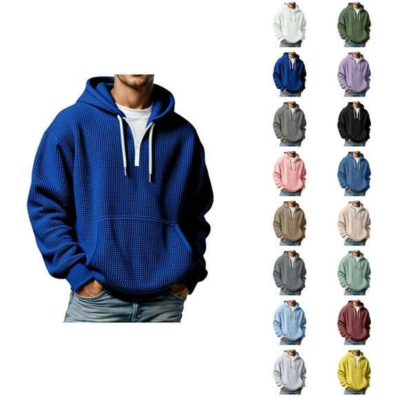Waffle Hoodie for Men 2025 Fall Winter Long Sleeve Quarter Zip Plain Hooded Sweatshirt with Pockets Pullover Tops